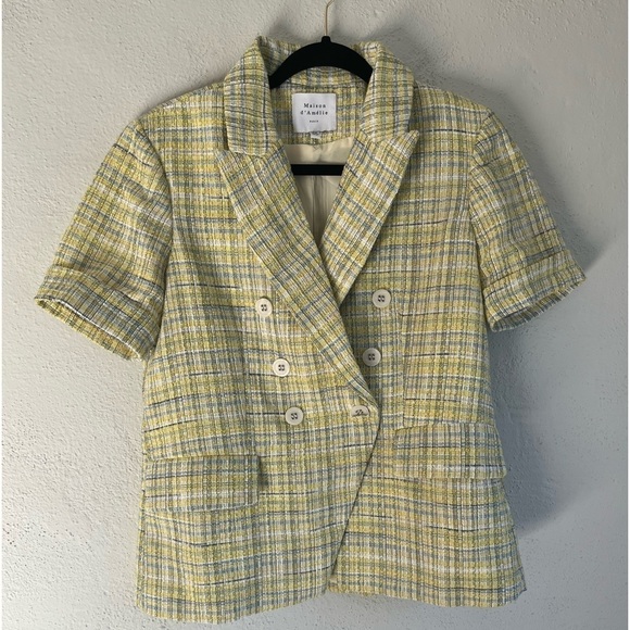 MAISON dAmelie Short Sleeve Yellow/ Blue With Pockets Jacket,Size M - Picture 1 of 9